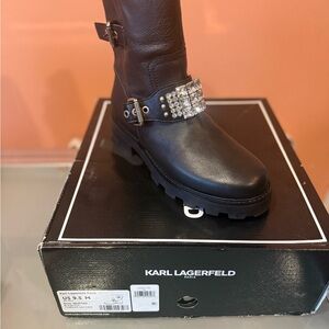 Karl Lagerfeld Black Leather Boots with Logo Sole